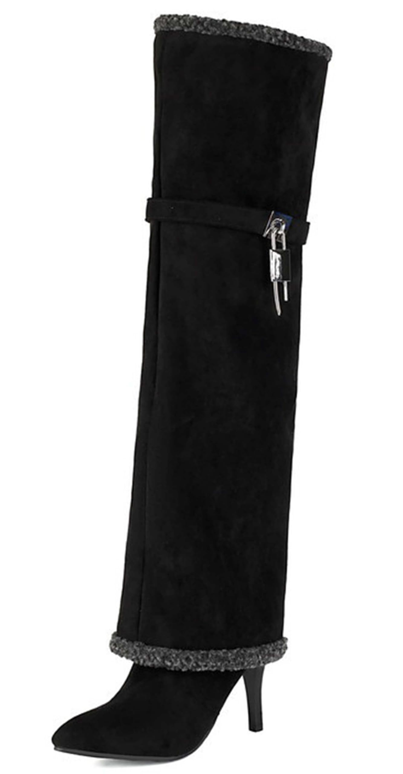 Fold Over Tall Boots with Padlock for Women Pointed Toe Stiletto Knee High Side Zipper Winter Dress Boot