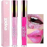 evpct 2Pcs Rose & Hot Pink Glitter Metallic Shimmer Diamond Lipstick Lip Gloss Set for Women Long Lasting Waterproof, Light Bright Rose Pink Sparkle Glitter Matte Liquid Lipstick Lip Makeup Kit