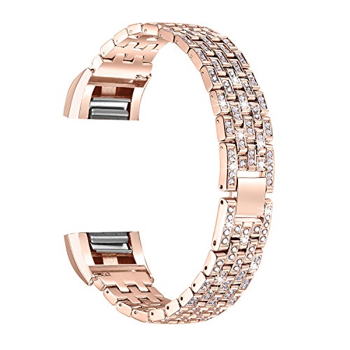 bayite Metal Bands Compatible Fitbit Charge 2, Replacement Accessories Bracelet Rhinestone Bling, Rose Gold