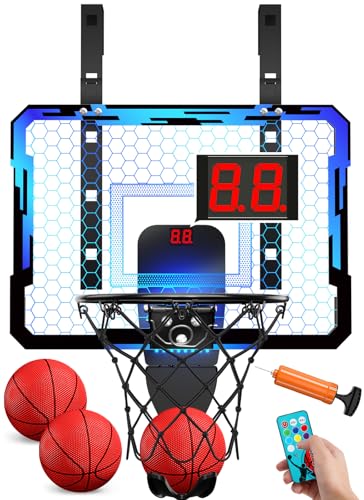 QDRAGON Indoor Basketball Hoop for Kids, Over The Door Mini Basketball Hoops with 7 LED Lighting, Basketball Toys Gifts for 5 6 7 8 9 10 11 12 Year Old Boys Girls Teens, Blue
