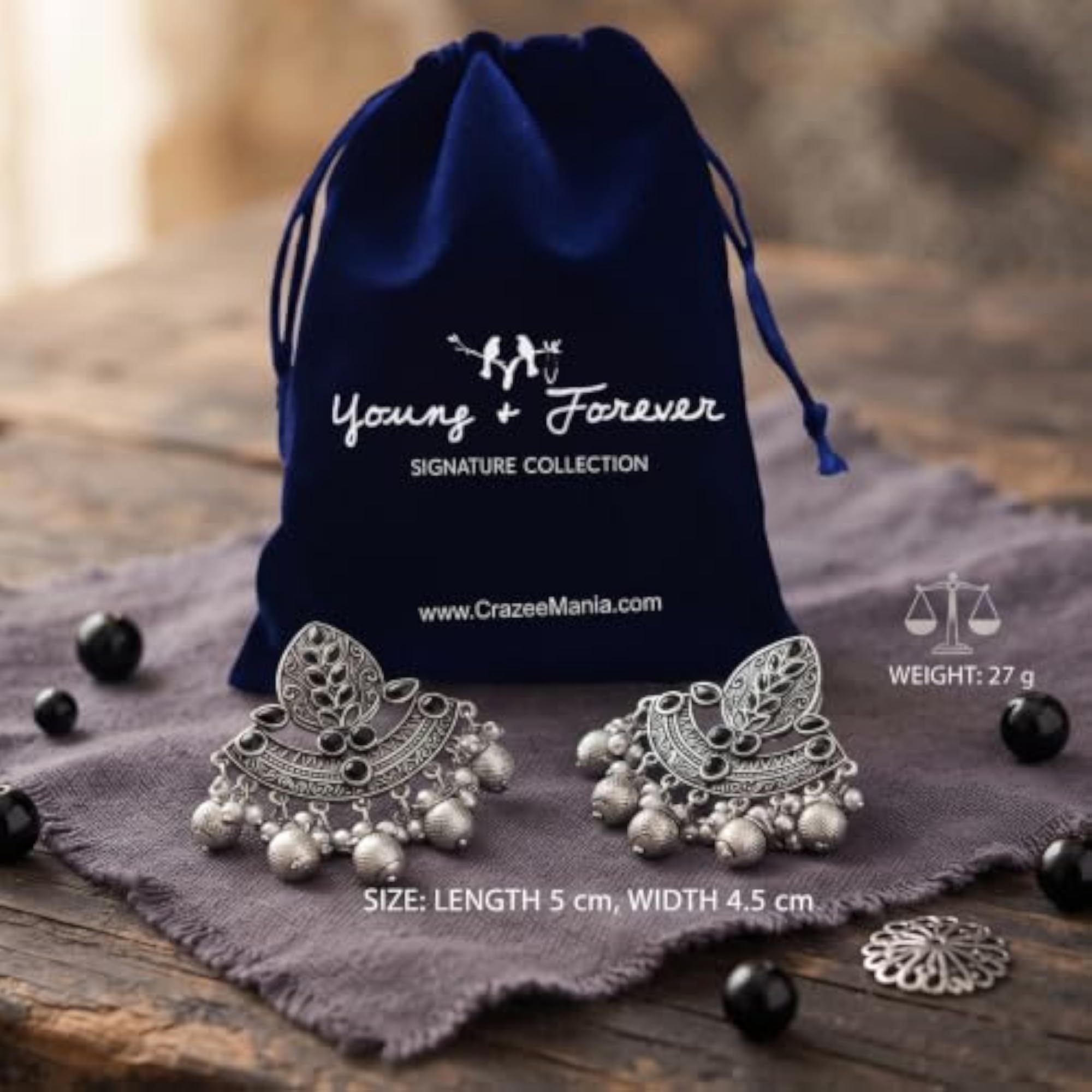 Women's Bohemian Long Chandbali Dangler Earrings with Black Stone