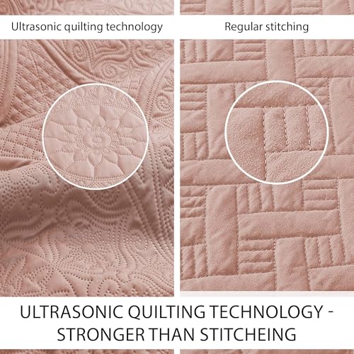 IR Imperial Rooms King Quilt Bedding Set Size (106" x 96") + 2 Pillow Shams (20" x 36"+ 2") - 3 Pcs All Season Lightweight Reversible Microfiber Coverlet Floral Embossed Quilt Bedspread (Baby Pink)