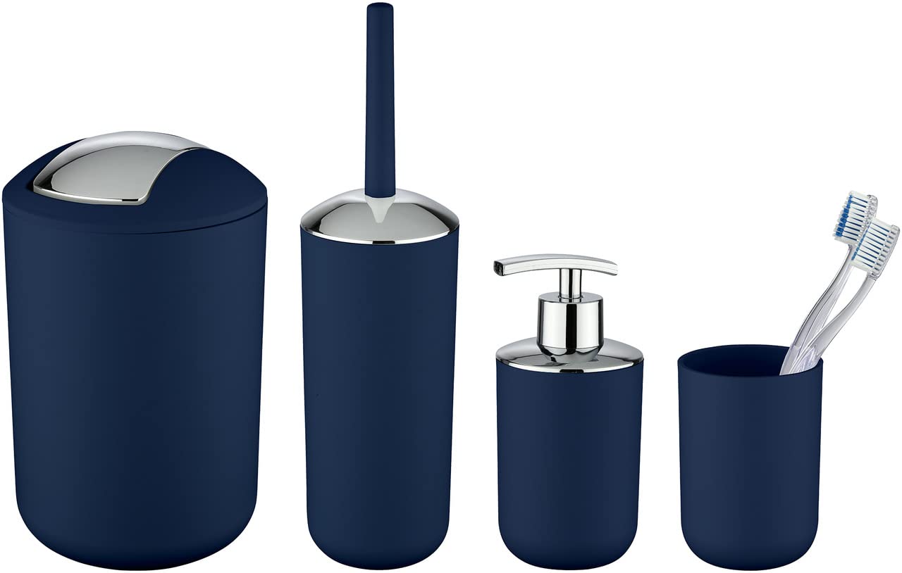 WENKO Bad-Accessoire Set Mod. Brasil, 4-teilig, Zahnputzbecher, Seifenspender, WC-Garnitur & Schwingdeckeleimer, für einheitliche Badausstattung, bruchsicherer Spezialkunststoff, Dunkelblau