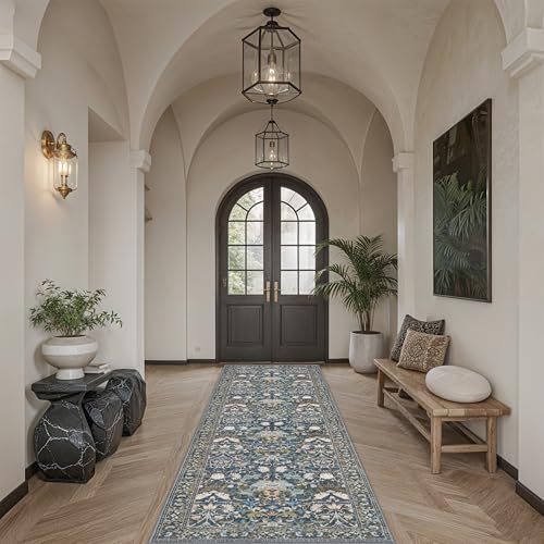 Hallway 3x10 Washable Runner Rug: Kitchen Rugs Entryway Area Rugs Vintage Soft Floor Mat Non Slip Indoor Farmhouse Carpet for Bathroom Living Room Bedroom Printed Rug for Family(3x10 Floral/Blue)