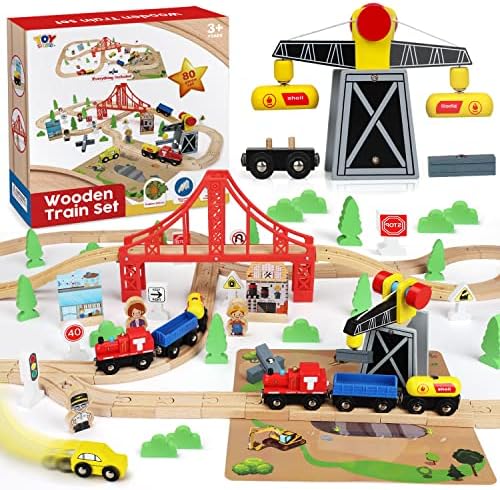 TOY Life Wooden Train Set 80pcs - Wood Train Set for Boys & Girls with Crane Wood Tracks Fits Thomas Brio Melisa Chugginton Train Track Set Wooden Railway - Toddler Boy Toy Train Set Boys Train Set 3+