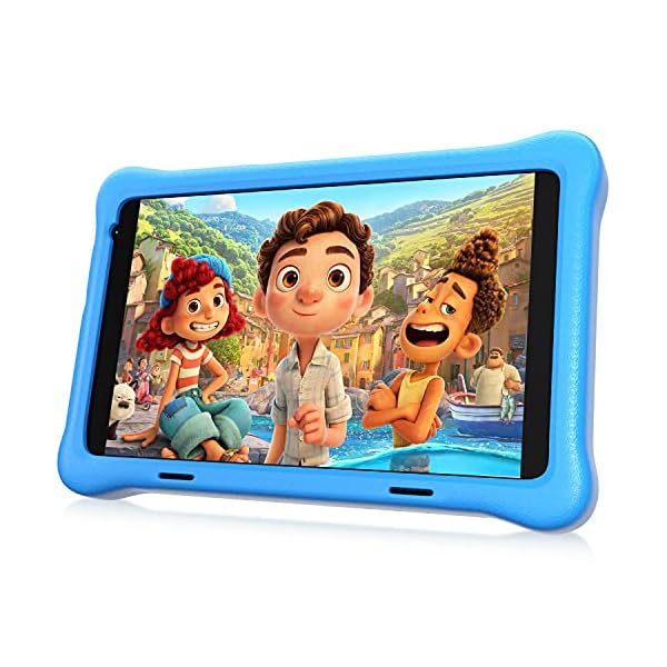 HAPPYBE 8 inch Kids Tablet, 8" Display, 1080p Full HD, Quad Core Android 10, 32GB, Parental Control, Kidoz Installed, WiFi, Dual Camera Google Play, YouTube, Children’s Tablets, Kid-Proof Case (Blue)