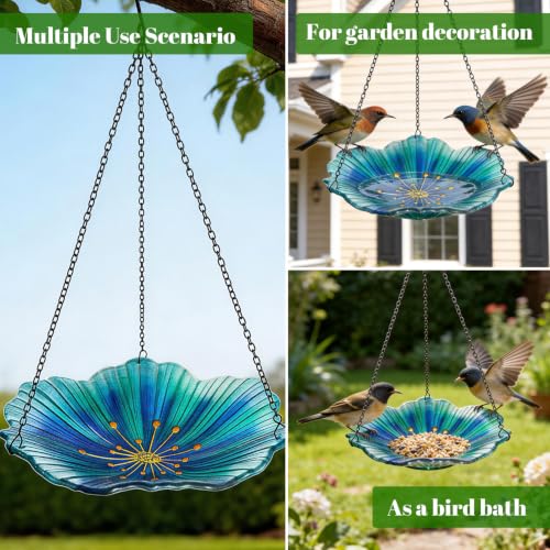 Image of HONGLAND Bird Baths for Outdoors, Glass Birdbaths Outdoor Birdfeeder with Metal Stake (Light Blue with Hanging)