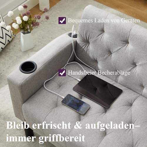 GRAVFORCE Sofa 2 Sitzer Couch mit 2 Ladeports und 2 Becherhaltern 157cm 2er Sofa Klein für Jugendzimmer, Wohnzimmer, Wohnung, Büro, Einfache Montage Stoff Hellgrau