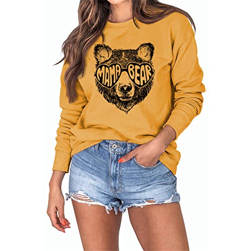 MLZHAN Sweat-shirt Mama Bear pour femme, motif tête d'ours amusante, Harajuku, décontracté, col rond, manches longues, taille 2XL, jaune, Large