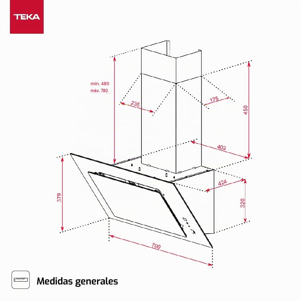 TEKA Campana Extractora de Pared 70 cm, Motor Doble EcoPower, Aspiración Perimetral, 3+1 Velocidades Fresh Air Aspiración 98m3 Ruido 61dB 2 LED DVT 78660 TBS