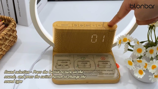 Lampada Da Comodino Blonbar Con Sveglia E Luce Di Risveglio - Ricarica USB, Touch, Suoni Natura, Regolabile