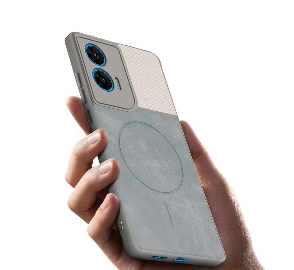 Image of Bintage Dual-Leather Mac Safe Design Phone Case| Soft Touch Finish | Full Camera Protectection Back Cover Compatible for Motorola Moto G45 5G - White & Matelic Grey