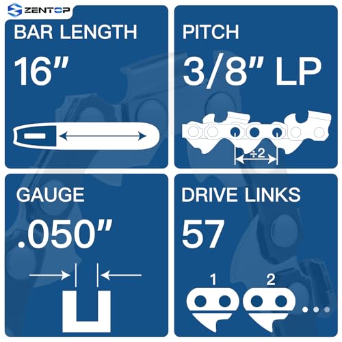 Image of 16 Inch Chainsaw Chain, 3 /8 inch LP Pitch .050 inch Gauge 57 Drive Links, Germany Steel Anti-Kickback Replacement for Echo CS-3510, CS-352, CS-400, Worx WG303, WG300, 3-Pack