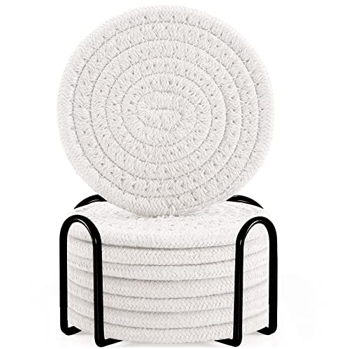 ABenkle 8 Pcs Drink Coasters with Holder Cotton Woven Absorbent Coasters for Drinks Minimalist Home Decor Coaster Set for Wooden Tabletop Protection Table 4.3 inches White
