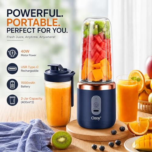 Image of Juicer for Home ^ CITRODA Juicer Mixer Grinder with 1500mAh Battery, 6 Blades 3Gears Fast Blending, 2-Jar Capacity (400ml*2) | 40 Watts Bullet Rechargeable Portable Personal Juicer (Navyblue)