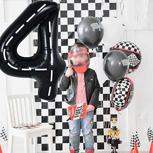 Image of TONIFUL 40 Inch Large Race Car Number 4 Balloon 4th Birthday Decorations | 4th 14th 24th Race Car Birthday Party Supplies Foil Black 4 Balloon for Boys Men Fast Checkered Flag Party Decor