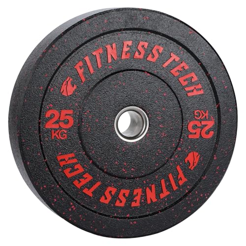 Disco Bumper Plate Hi-Temp Alta Resistencia 5-25 kg | Pesa Caucho Recilado Casquillo de Acero Inoxidable | Discos Pesas para Gym, Gimnasio en casa | Ø50 mm Fitness Tech (25, Kilogramos)