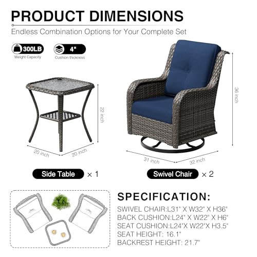 Image of Joyside 3 Piece Wicker Patio Furniture Set, Outdoor Swivel Rocker Patio Chairs with High Back, Deep Seating, Wide Armrest, Thickened Cushions, Outdoor Furniture for Deck, Porch Use