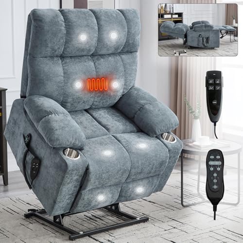 Grey Blue Dual Motor Infinite Position Up to 350 LBS Chenille Power Lift Recliner Chair, Heavy Duty Motion Mechanism with 8 Point Vibration Massage and Lumbar Heating, Dual Cup Holders