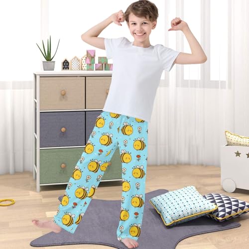 Boy's Lounge Pants Cute Funny Bee Flowers Blue Kids Jogger Pants Elastic Waist Long Bottoms with Pockets 6-14 Years4