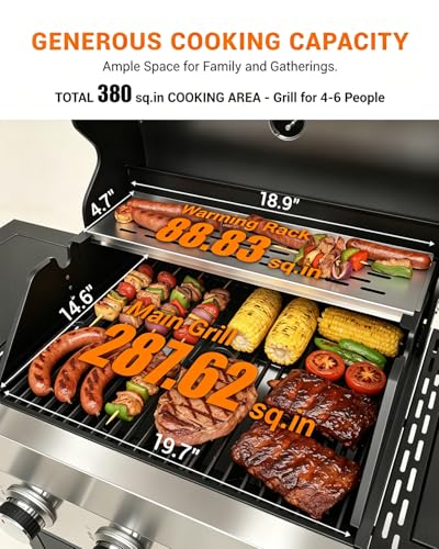 Image of EUHOME 3 Burner Propane Gas Grill with Side Burner, 40,500 BTU Stainless Steel BBQ Grill, 380 Sq.In Cooking Area, Cast Iron Grates, Outdoor Gas Grill for Patio, Backyard, Garden & Outdoor Cooking
