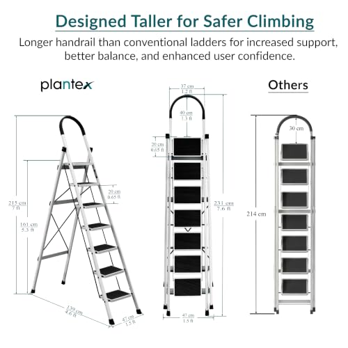 Plantex Ladder for Home 7 Steps/Foldable Ladder with Anti-Skid Wide Steps (30L x 20W cm)/Strong D-Shape Pipe with X-Support for More Stability/5 Year Warranty(Apex-White) - Image 3