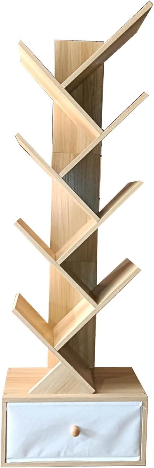 SHEEPAM 8 Tier Tree Bookshelf with Drawer, Free Standing Wood Bookcase for Narrow Space, Storage Organizer Bookshelves for Books, Book Case for Home Office, Living Room, Bedroom, Rustic Brown