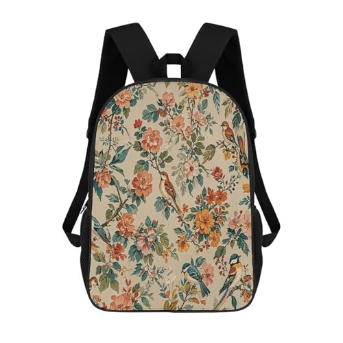17 Inch Backpack Bird Floral Print Travel Dayback Shoulder Back Pack Carry On Backpack with Adjustable Shoulder Straps