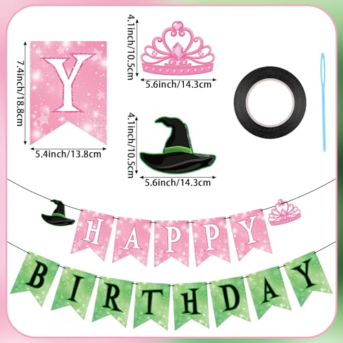 Image of Hooqict Happy Birthday Banner Pink and Green Birthday Party Decorations Princess Witch Party Banner Garland Sign for Kids Girls Night Galentine's Day Green and Pink Witch Theme Party Decorations