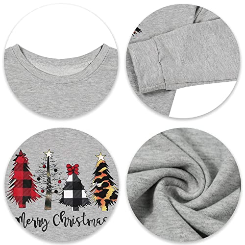 Image of ASTANFY Merry Christmas Sweatshirt for Women Plaid Holiday Long Sleeve Tree Pullover Lightweight Shirt