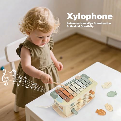 Montessori Toys for 1-3 Year Olds – 7-in-1 Wooden Hammering Pounding Toy with Xylophone & Fishing Game, Musical Instrument Set for Toddlers 12+ Months, Birthday Boys and Girls - Image 4