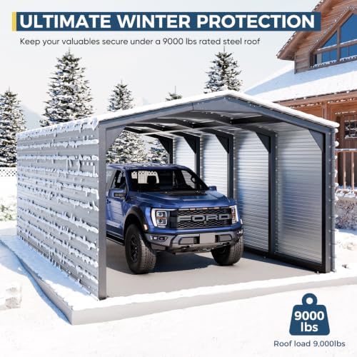Image of Metal Carport 12x20 ft Heavy-Duty 2-Sided Enclosure | Military-Grade Reinforced Garage Kits with Steel Roof & Hurricane | 100lbs /Sq.Ft Snow /Camper /Truck /Tractor Shelter,Ash Gray