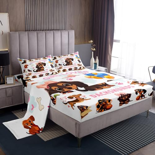 Homemissing Juego de sábanas de perro salchicha, para niños y niñas, tamaño King, juego de sábanas ultrasuaves para cachorros con sábana bajera ajustable de bolsillo profundo, lindo