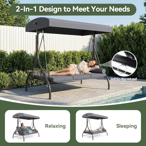 Image of Aoxun Outdoor Porch Swing with Stand and Canopy, 3 Seats Outdoor Swings for Adults, Convertible 2 in 1 Swing Bed with Cup Holder, Patio Swings with Thicken Cushions for Garden, Yard & Balcony, Grey
