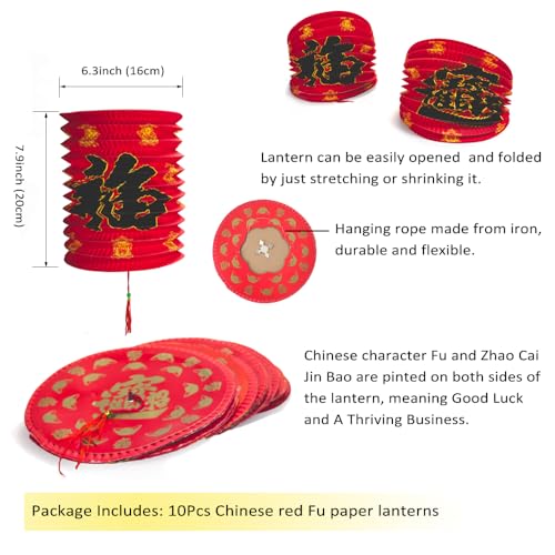 Image of 10PCS Chinese New Year Decorations 2026 Red Chinese Hanging Paper Lanterns Lucky Fu 6.3inch Hanging Red Paper Lamps for Lunar New Year Decorations 2026 Asian Hibach Spring Festival Party Decor