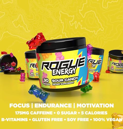 Rogue Energy Energy Drink Powder for Long Gaming Hours - Energy Powder for Mental Focus - Sugar & Gluten Free - Gaming Supplement with Caffeine & Vitamins - Made in USA (Sour Candy - 40 Servings)