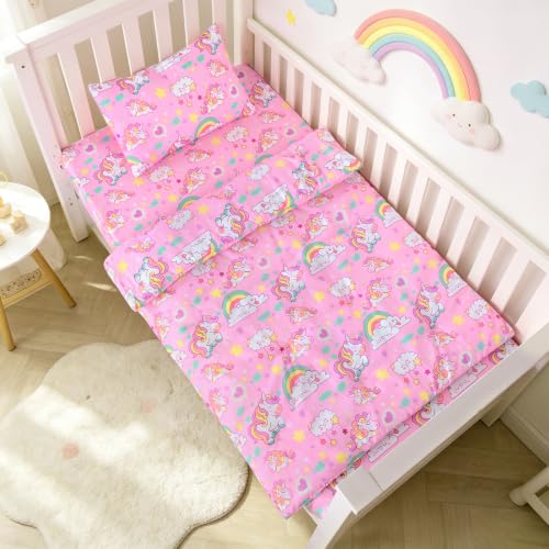 Image of JISEN 3 Piece Crib Bedding Set Soft Baby Unicorns Crib Comforter Set with Comforter, Sheet, Pillowcase - Nursery Bedding for Boys or Girls Pink