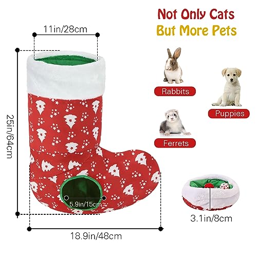 Image of Pawaboo Cat Tunnel Christmas Sock with Bell Balls, Upgraded 2 Way Cat Tunnel Interactive Toy, Pet Xmas Stocking with Crinkle Paper & Strong Spring-Steel Frame for Cat Kitten Kitty, Red Christmas Tree