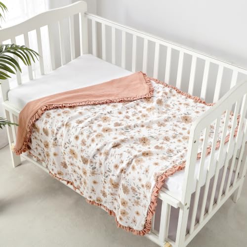 Image of CREVENT 40''X40'' 100% Organic Floral Cotton Muslin Baby Blanket for Newborns, Essential for Baby Shower Birthday Gift - Daisy with Trim 100X100cm