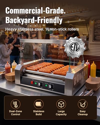 Image of SYBO Commercial Hot Dog Roller - 30 Hot Dogs, 11 Non-Stick Rollers, 1430W, Stainless Steel, Removable Drip Tray & Glass Cover - Dual Temp Control, 360 Rotation for Party & Snack Bar, ETL Certified