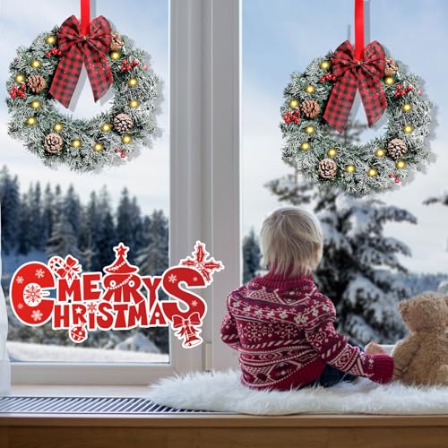 Geosar 3 Pcs LED Christmas Wreaths 13.8 with Bow Pine Cone Berry, Frosted