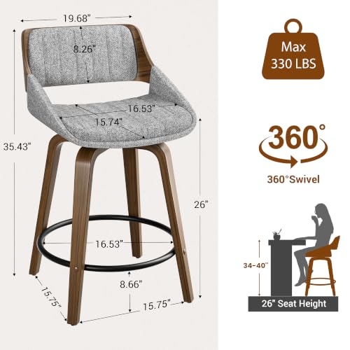 Image of YaFiti Bar Stools Set of 2, 26 inch Swivel Counter Height Barstools with Bentwood Back and Legs, Mid Century Modern Upholstered Fabric Counter Stools for Kitchen Island, Dining Room, Gray
