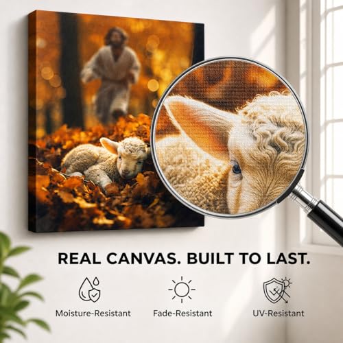 Image of Jesus and Lamb Canvas Wall Art Jesus Runs for the Lost Sheep In Autumn Forest Picture Wall Art Canvas Print Christian Home Decor 8x10 inch