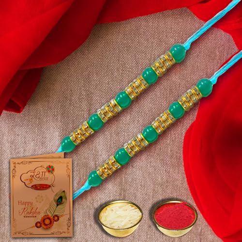 Image of Rakhi For Brother | Elegant Kundan Gold Plated Metal Rakhis For Brother Bhai Rakhi With Roli Chawal and Greeting Card (Set of 2 Rakhis)