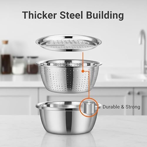 Miniatura 2 de Cuenca multifuncional de acero inoxidable 3 en 1, trituradora y drenaje de acero inoxidable con tapa de rallador, colador y tazón para mezclar