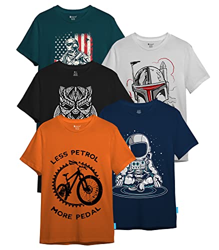 Image of KYDA KIDS Boys Cotton Printed Round Neck T-Shirts - Multicolor (Pack of 5)