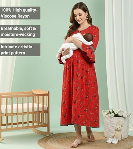Image of DUMMY SHAPE Feeding Kurtis for Women Cotton Rayon | Floral Pregnancy Anarkali Kurta with Dual Nursing Zippers to Pre & Post Partum | Maternity Dresses | Gifts for Pregnant Woman