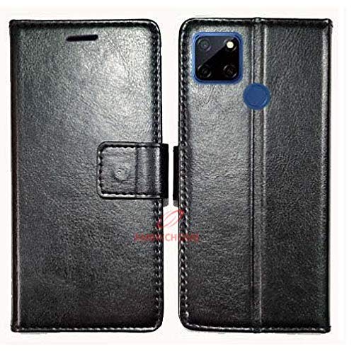 Image of Inside Rubber TPU with Card Pockets Magnetic Closure Protection Compatible with Realme C12, Narzo 20 (Black)