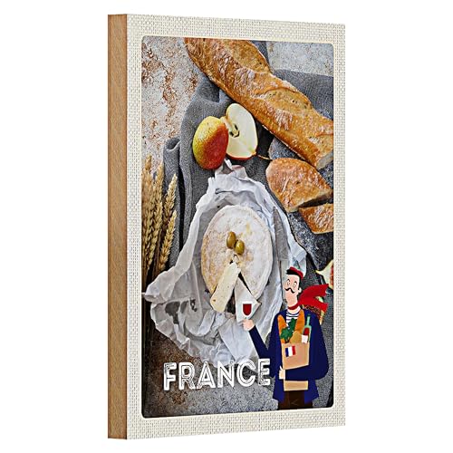 Plaque en Bois | France | Baguette, Fromage et Vin | 12 cm x 18 cm
