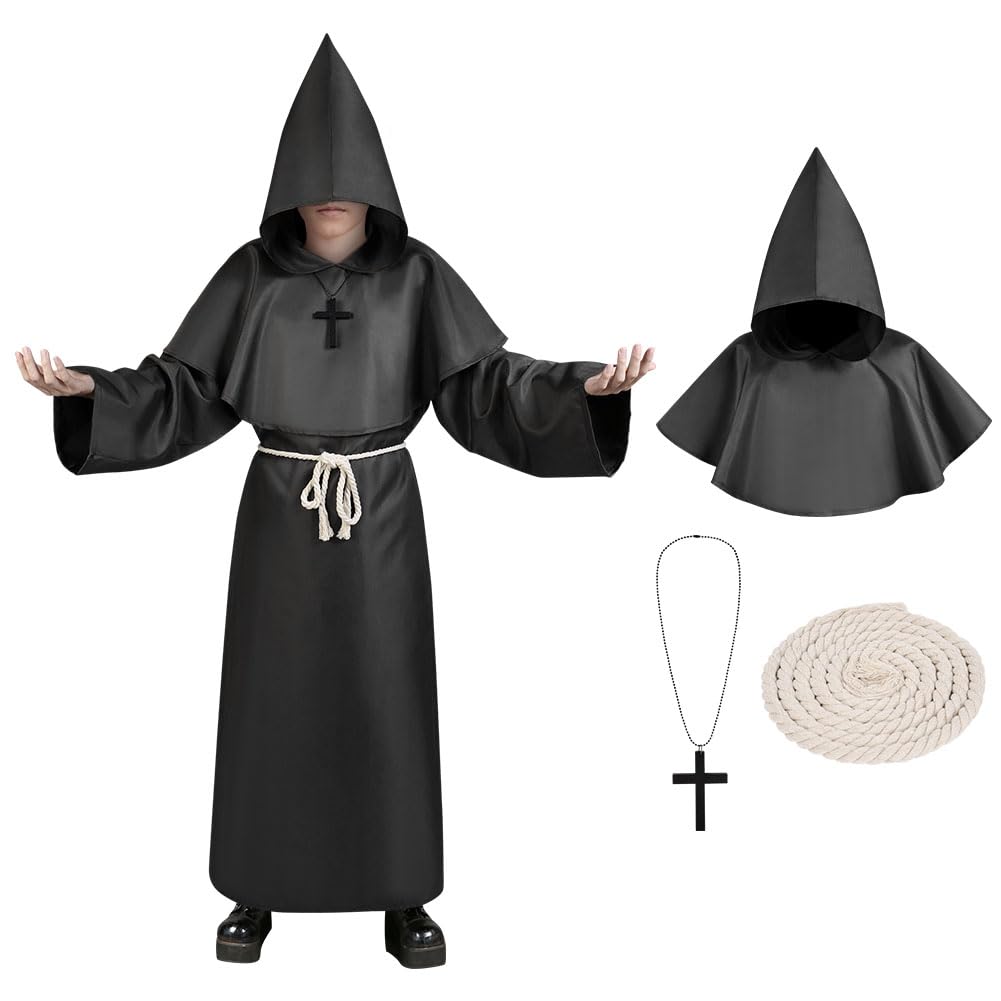 AUYAO Kid Monk Costume, Children Cloak Robe Cosplay Fancy Dress, Kids Medieval Hooded Robe Priest Outfits Renaissance, Kid Hooded Cloak Knight Vintage Wicked Costumes Halloween Carnival Cosplay(Black)